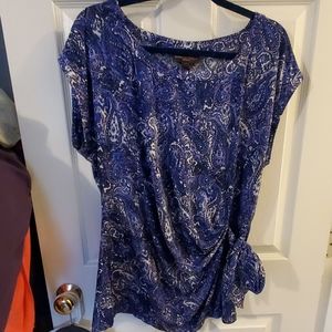 Blue paisley print top with knotted hem